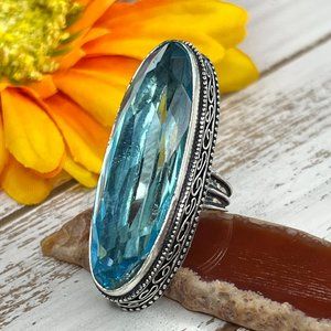 Huge Blue Topaz Ring Antique Design Ethnic Handmade 925 Silver Statement New
